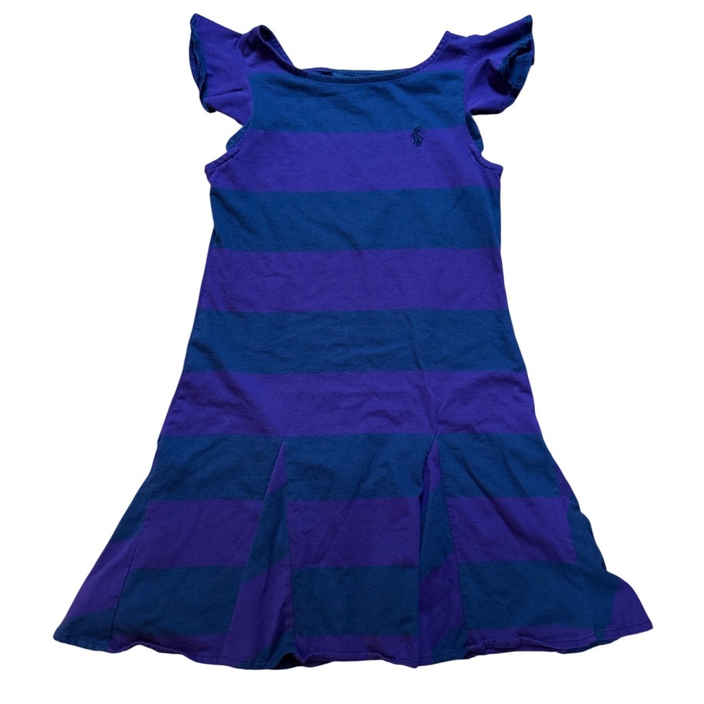Ralph Lauren Striped Dress Girls Purple Excellent Flutter Sleeve SIZE M (8-10)